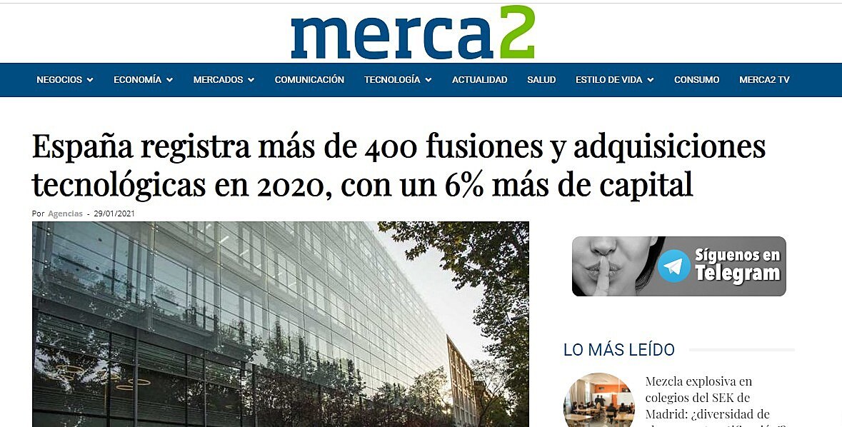 Espaa registra ms de 400 fusiones y adquisiciones tecnolgicas en 2020, con un 6% ms de capital